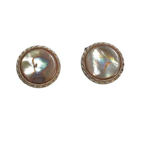 Vintage Mother Pearl Gold Tone Clip On Earrings Shell Plastic Costume Mom Gift - Picture 1 of 4